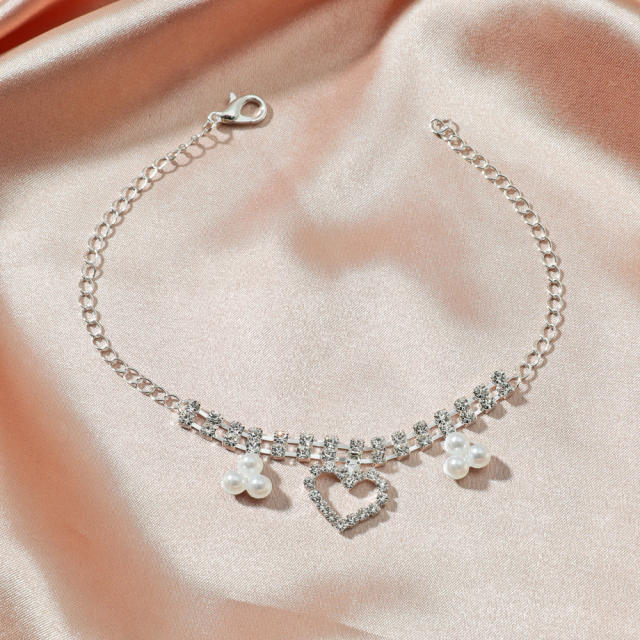 Heart pearl gem pendant rhinestone chain anklet