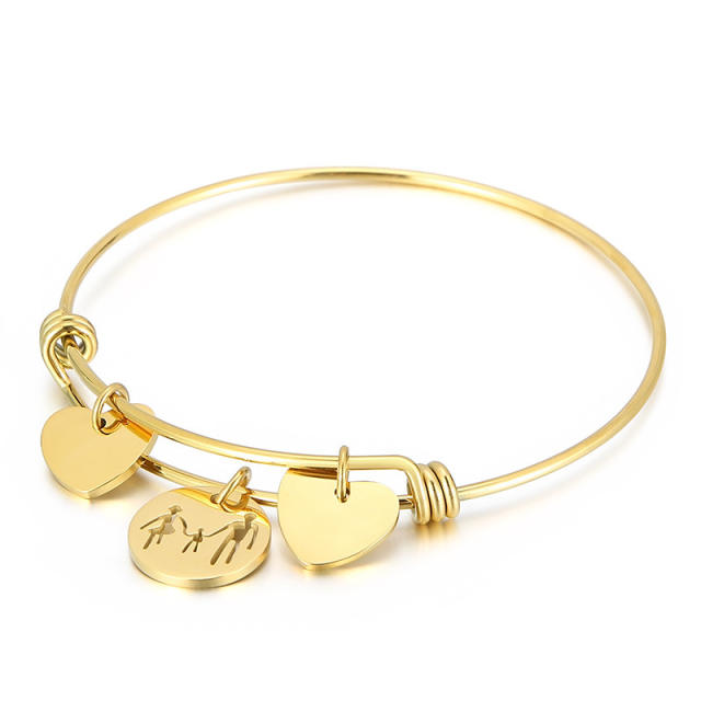 Family heart charm stainless steel bangle