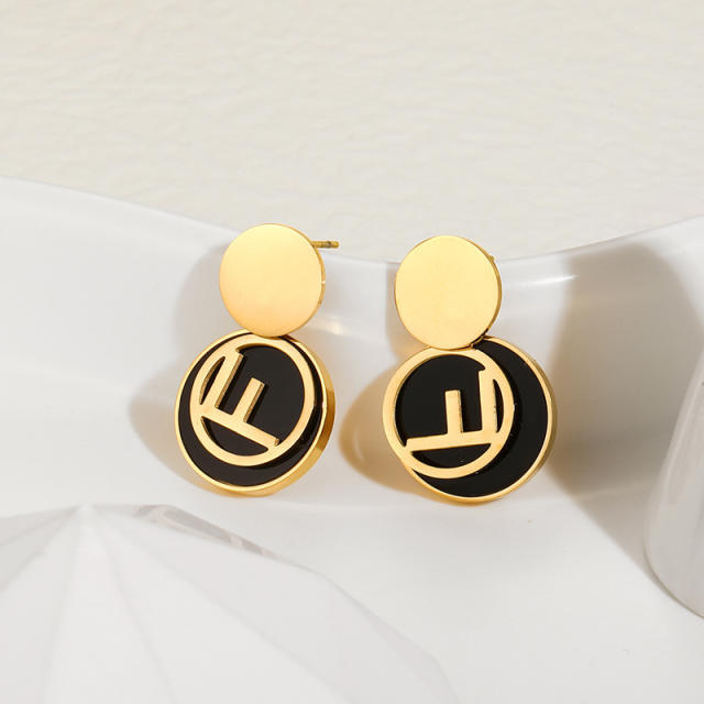 Enamel F letter stainless steel earrings