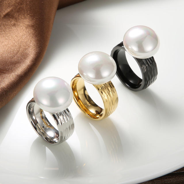 8mm pearl setting irregular shaped stainless steel finger ring