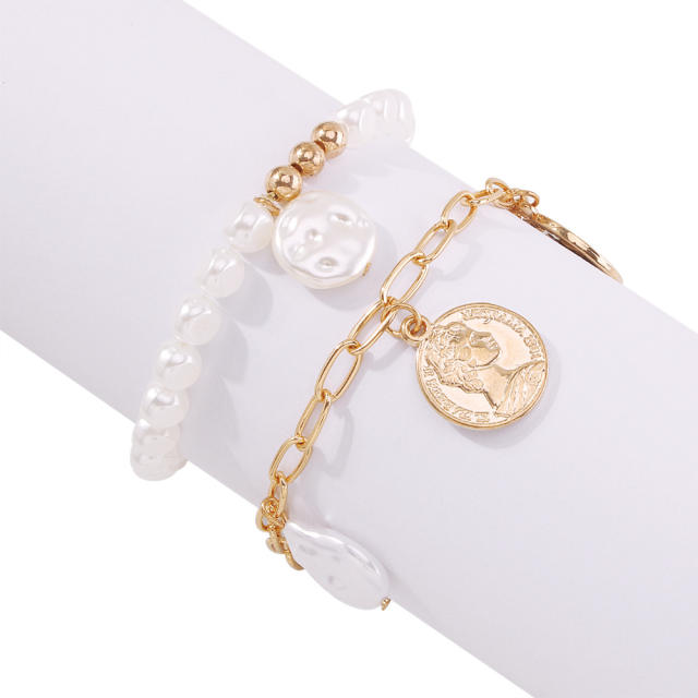 Pearl bracelet and link chain bracelet two pcs set