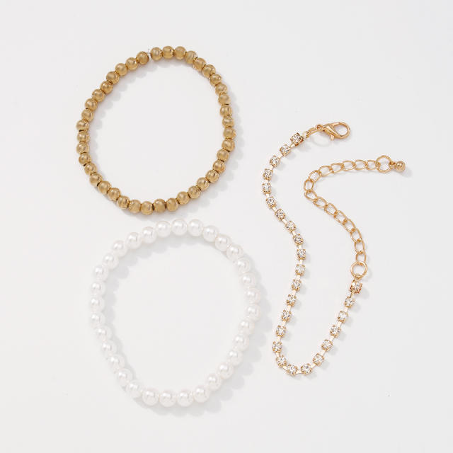 Tennis chain pearl bracelet three pcs set