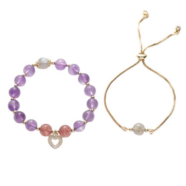 Amethyst strawberry rose quartz bead bracelet set