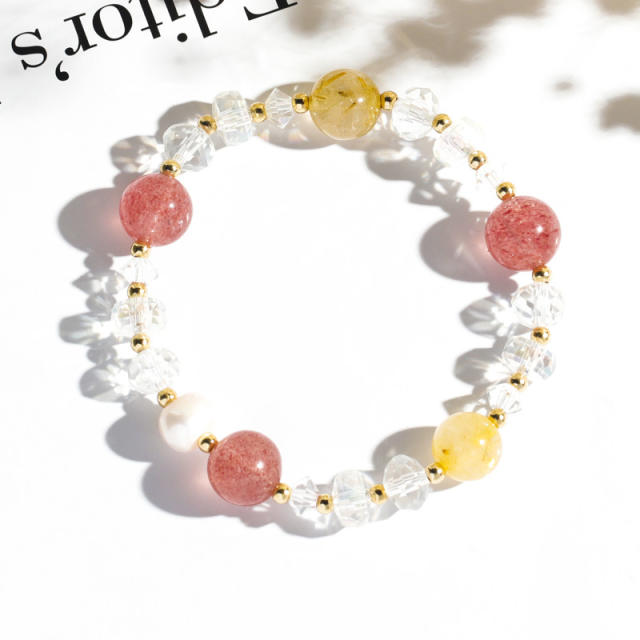 Strawberry rose quartz pearl crystal bead bracelet