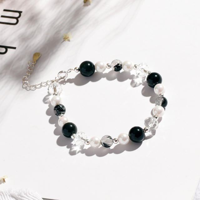 Obsidian crystal pearl bead bracelet