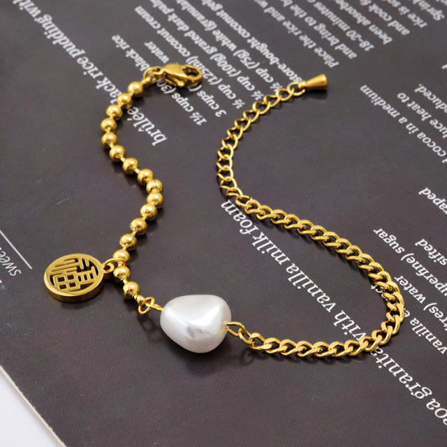 Bead and chain pearl bracelet with chinese character charm