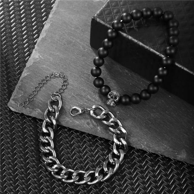 Cuban chain and bead  bracelet set