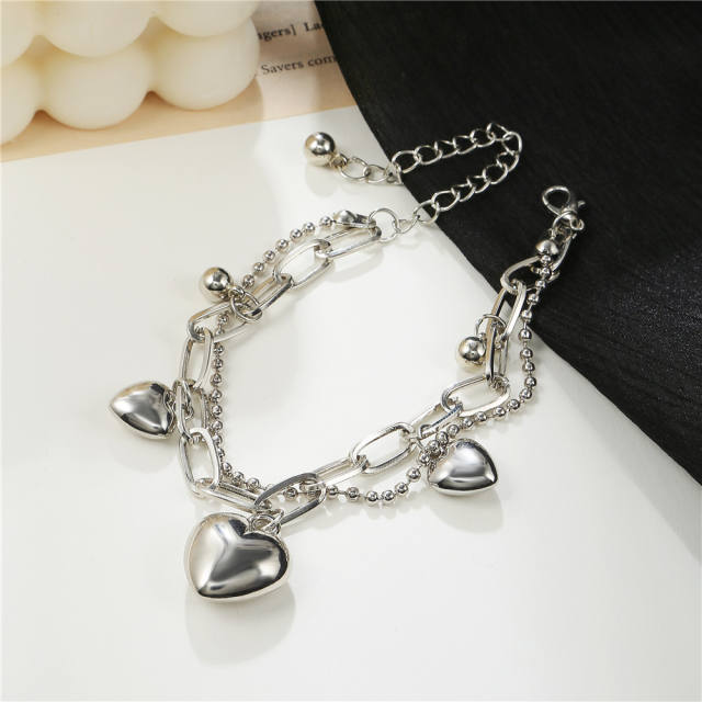 Double layers heart charm chain bracelet
