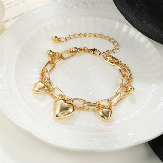 Double layers heart charm chain bracelet