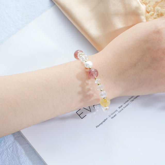 Strawberry rose quartz pearl crystal bead bracelet