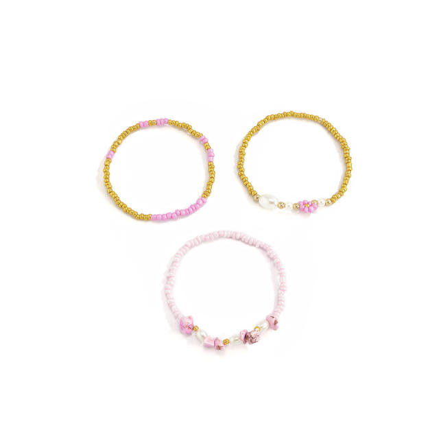 Crushed stone seed bead pearl bracelet 3 pcs set