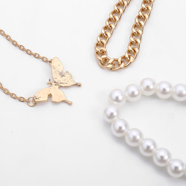 Butterfly charm pearl chain bracelet 3 pcs set