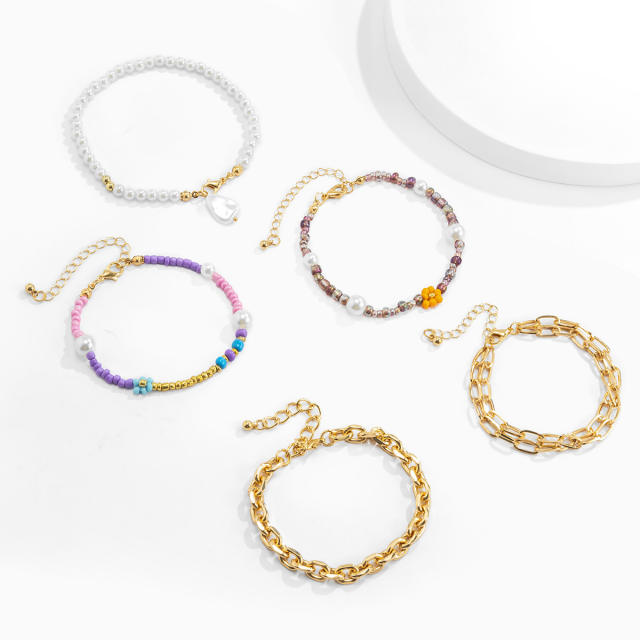 Baroque pearl gold bead seed bead bracelet 5 pcs set