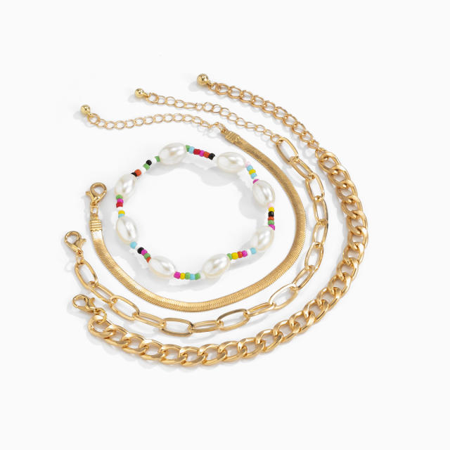 Seed bead pearl chain bracelet 4 pcs set