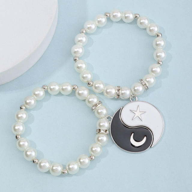 Taiji charm pearl bracelet 2 pcs set