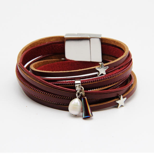 Women's multilayers pearl leather wrap bracelet