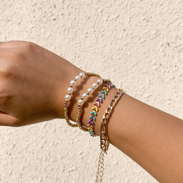 Pearl gold bead bracelet 4 pcs set