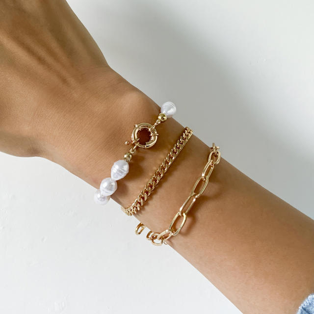 Baroque pearl chain bracelet 3 pcs set