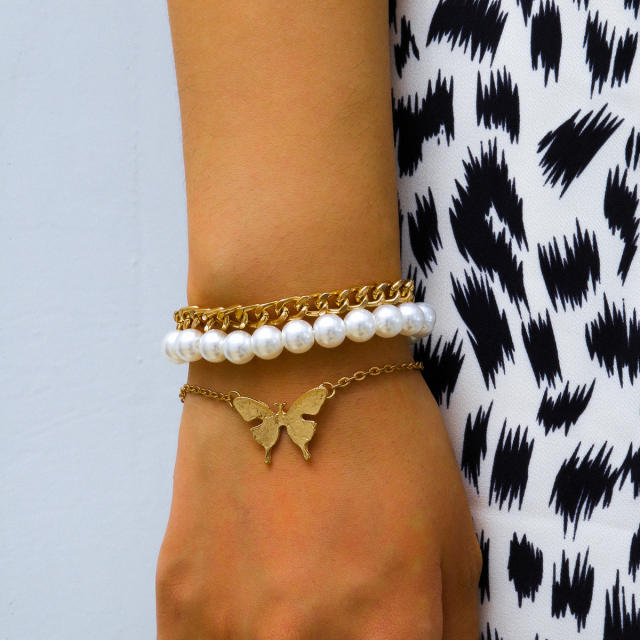 Butterfly charm pearl chain bracelet 3 pcs set