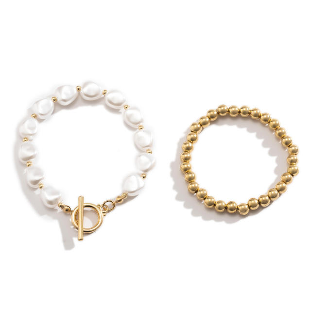 Gold bead pearl toggle bracelet 2 pcs set