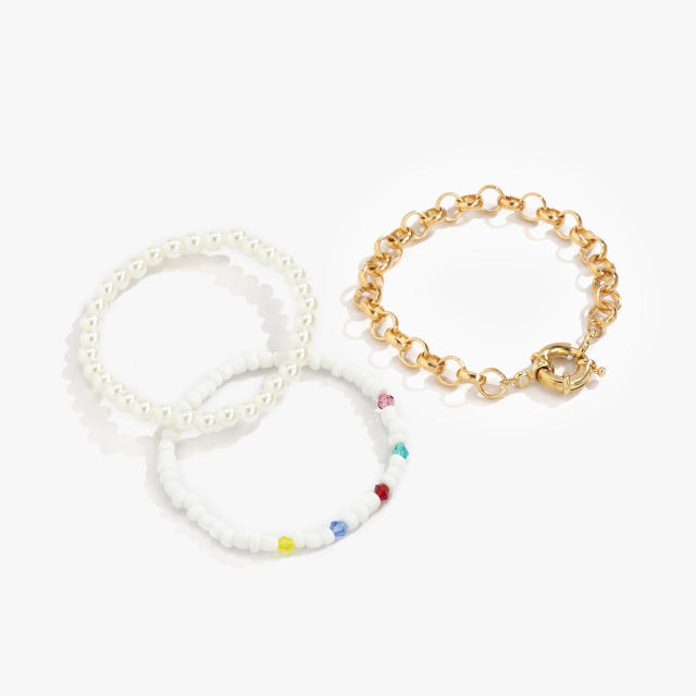 Pearl seed bead chain bracelet 3 pcs set