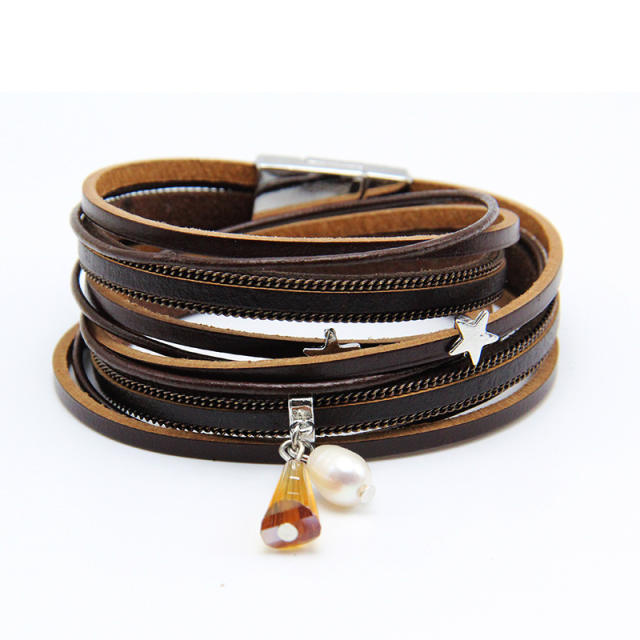 Women's multilayers pearl leather wrap bracelet