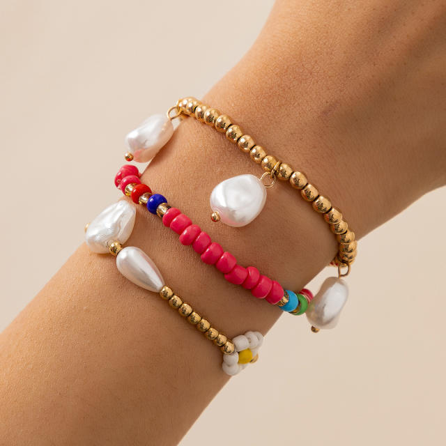 Baroque pearl charm seed bead bracelet 3 pcs set