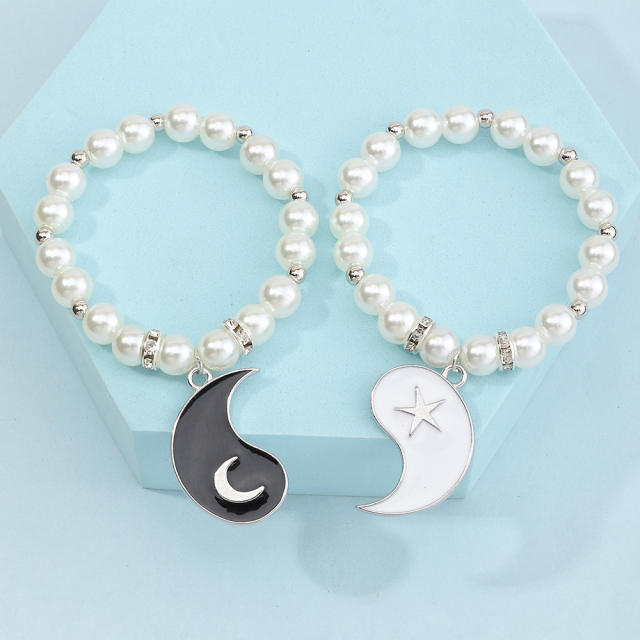 Taiji charm pearl bracelet 2 pcs set