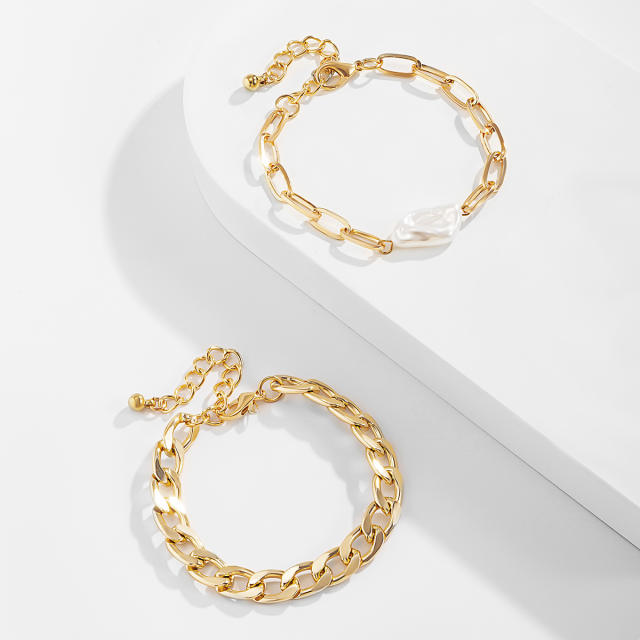 Baroque pearl and chain bracelet 2 pcs set