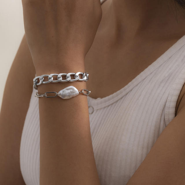 Baroque pearl and chain bracelet 2 pcs set