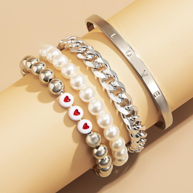 Cuban chain pearl bracelet 4 pcs set