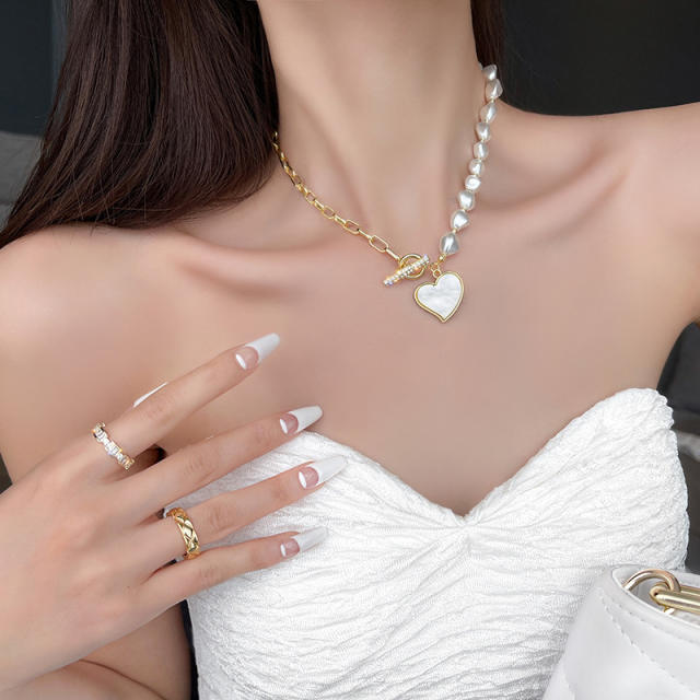 Heart charm faux pearl toggle bracelet