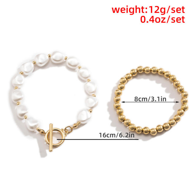 Gold bead pearl toggle bracelet 2 pcs set