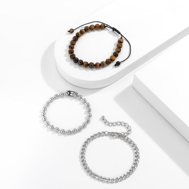 Three layer tiger eye beads metal mens bracelet