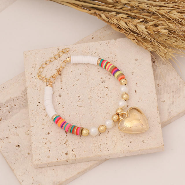 Boho heishi beads heart charm bracelet