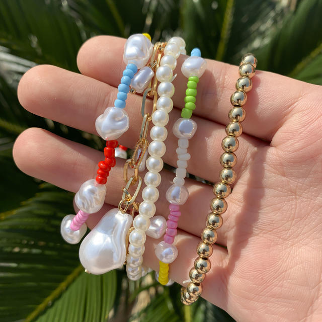 Faux pearl seed beads boho bracelet set