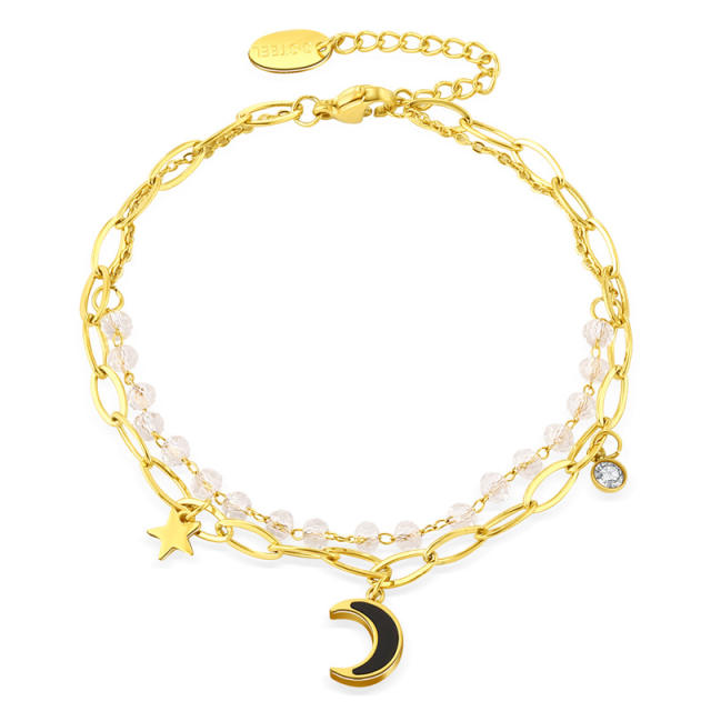 Enamel black color moon charm stainless steel layer bracelet