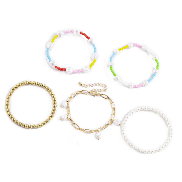 Faux pearl seed beads boho bracelet set