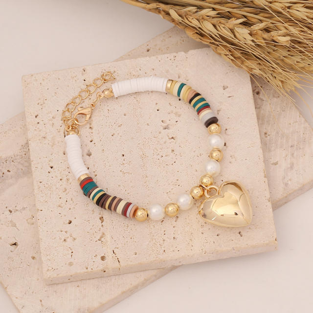 Boho heishi beads heart charm bracelet