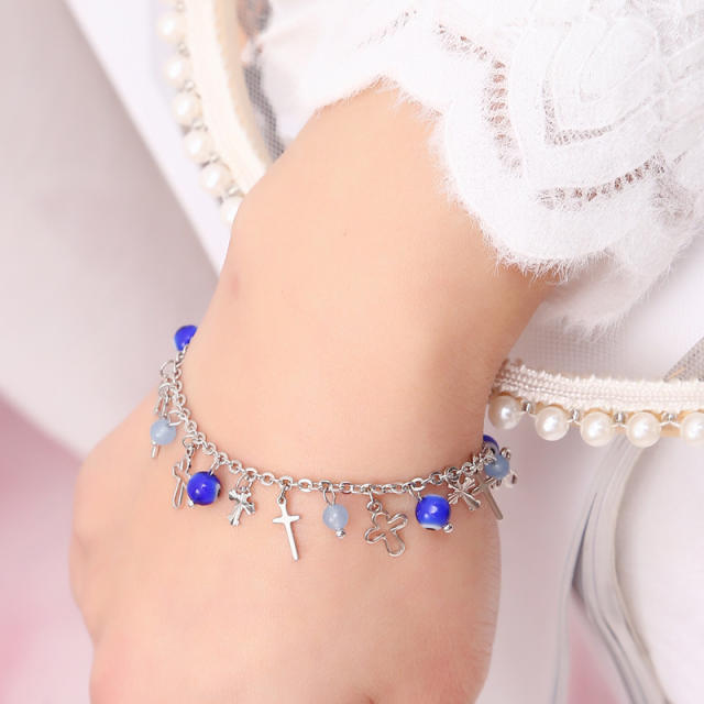 Hollow cross blue color evil eye beads charm chain bracelet