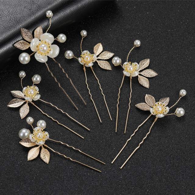 6pcs set gold color leaf pearl flower hairpin