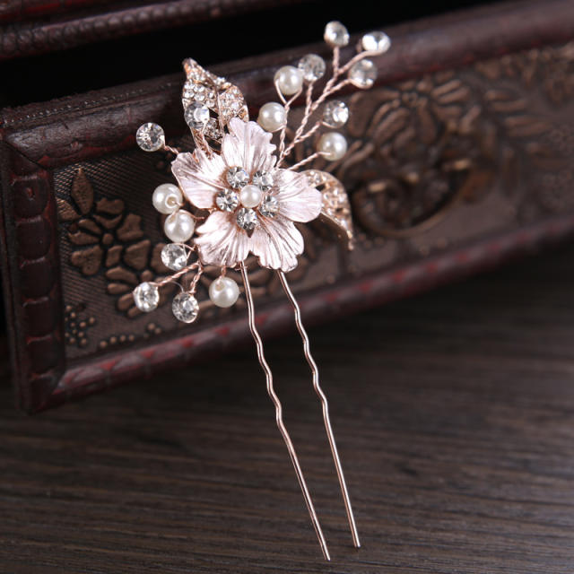 Beaded pearl crystal flower hair pins for wedding
