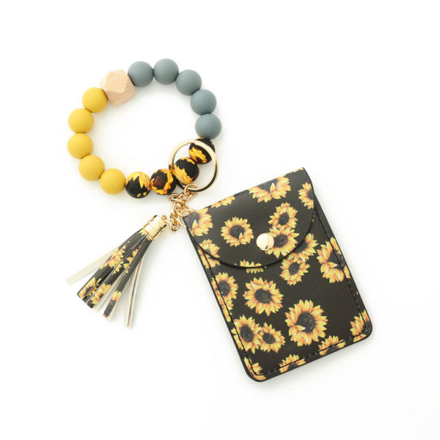 PU leather bracelet tassel card holder keychain