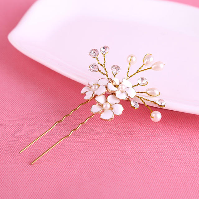 Enamel flower pearl bridal hairpins