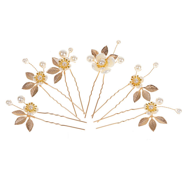 6pcs set gold color leaf pearl flower hairpin