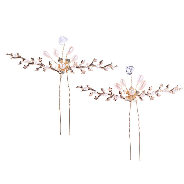 Gold color leaves pearl diamond bridal hairpins