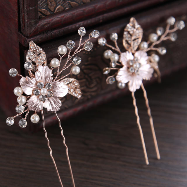 Beaded pearl crystal flower hair pins for wedding