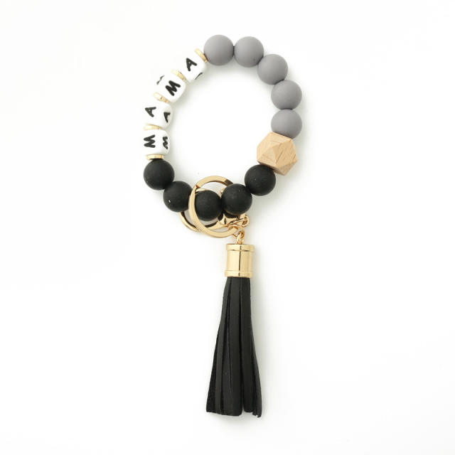 MAMA PU tassel beads bracelet keychain