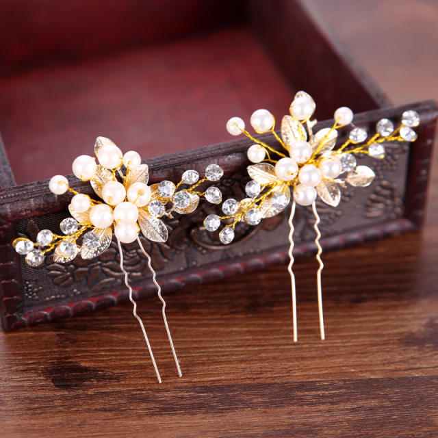 Gold color leaves pearl bridal hairpins