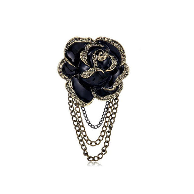 Black rose enamel pearl tassel brooch